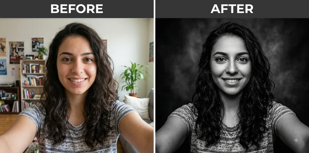 Before and after Gemini prompt turning a selfie into a black and white editorial headshot