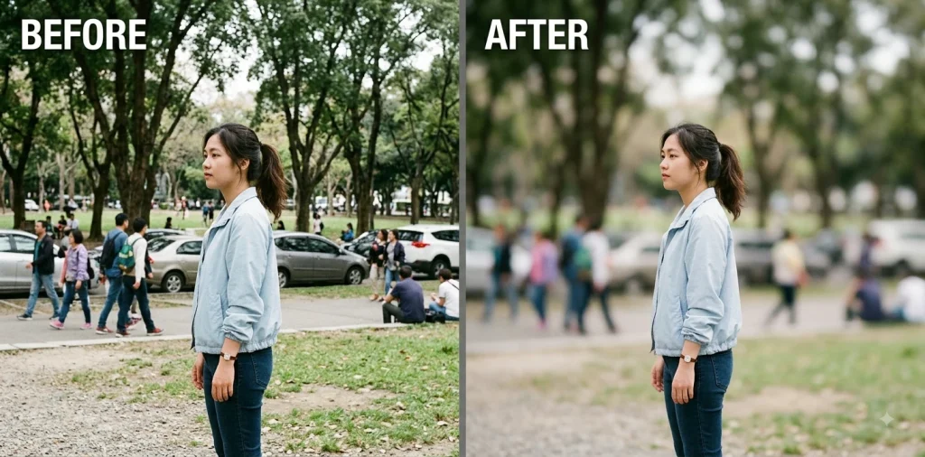 Before and after Gemini prompt blurring a busy park background into soft bokeh