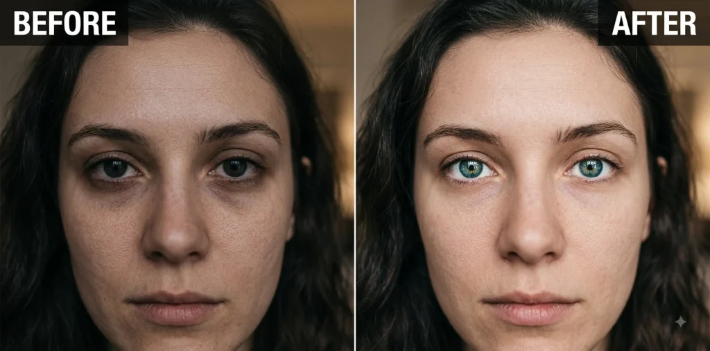 Before and after Gemini prompt brightening and sharpening the eyes in a close-up portrait