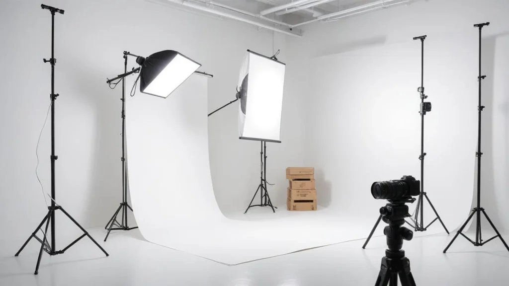 White cyclorama studio with multiple softboxes arranged for a repeatable product photography lighting setup