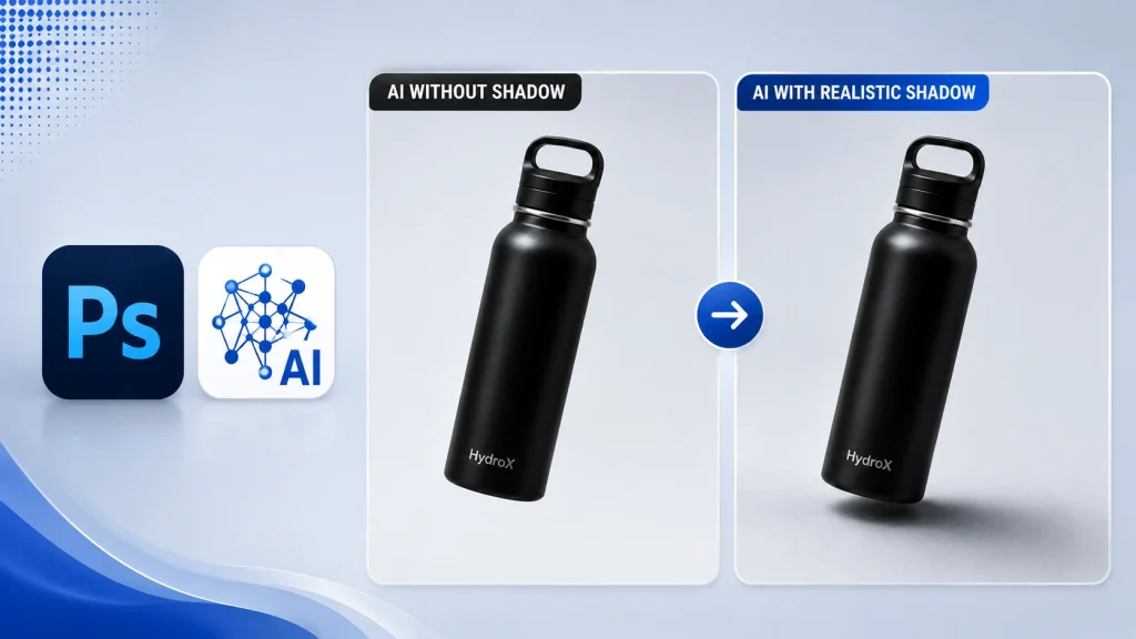 Comparison of an AI-generated product image without a shadow versus with a realistic AI-generated shadow in Photoshop.
