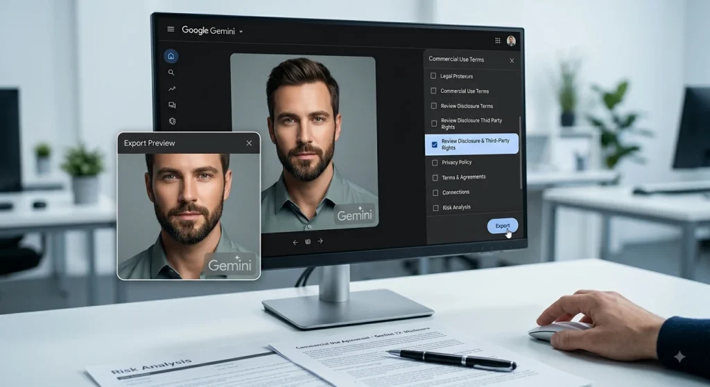 Reviewing commercial use terms and disclosure rights for Gemini AI-edited photos on a computer