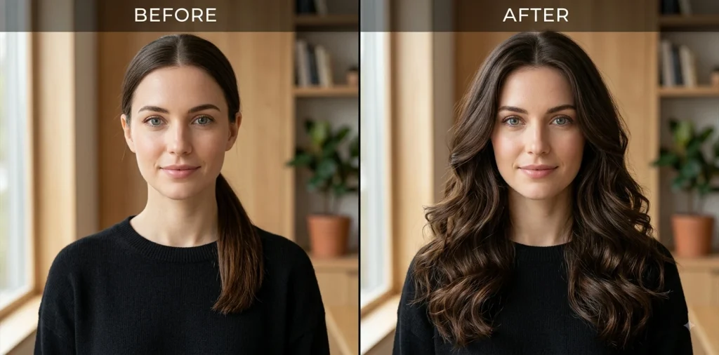 Before and after Gemini prompt changing a straight ponytail into long wavy hair