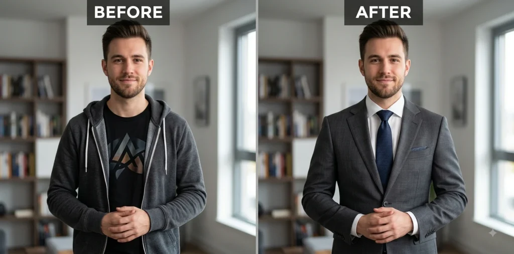Before and after Gemini prompt replacing a casual hoodie with a formal business suit