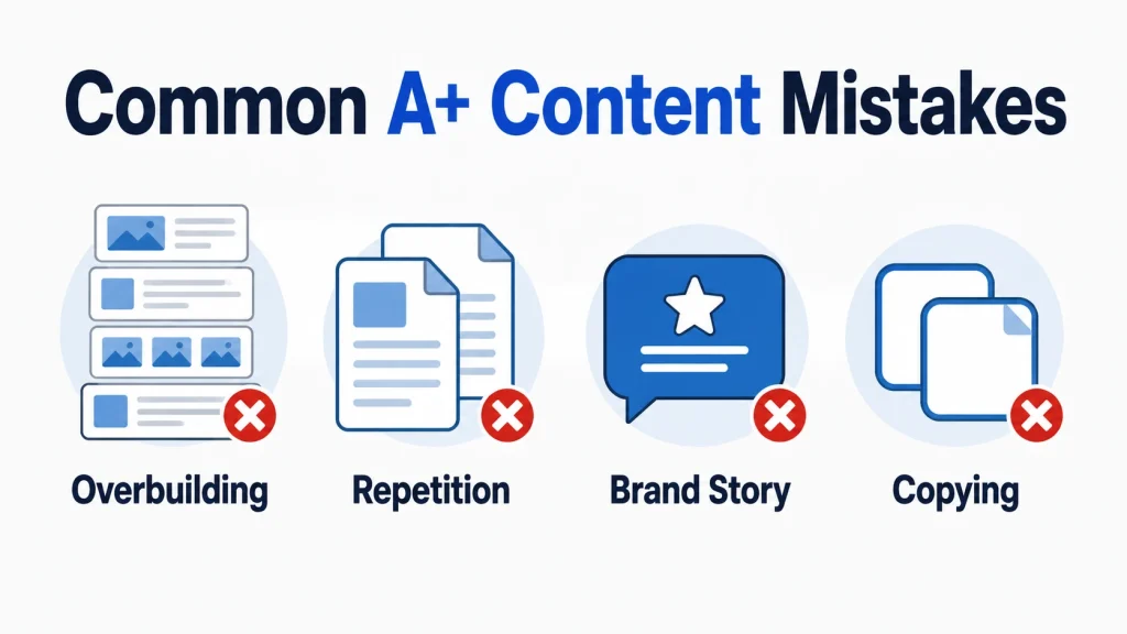 Common A+ Content mistakes including overbuilding, repetition, copying, and weak brand storytelling