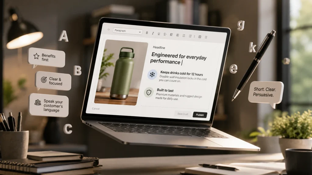 Product description being written with benefit-focused A+ Content copy