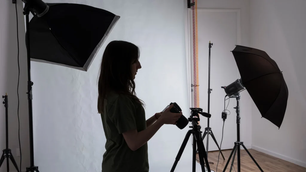 Studio softbox and umbrella modifiers set up for controlling product photography lighting
