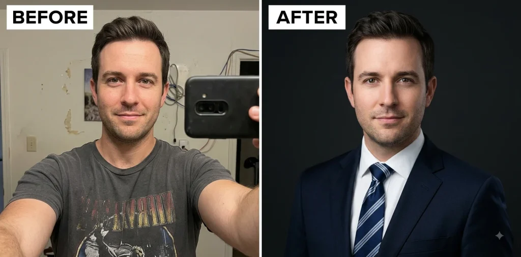Before and after Gemini prompt turning a casual selfie into a detailed executive headshot