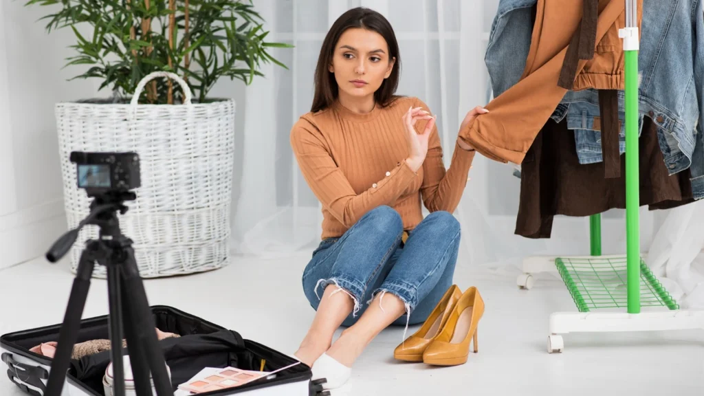 Content creator filming a fashion styling video with a camera tripod and clothing rack