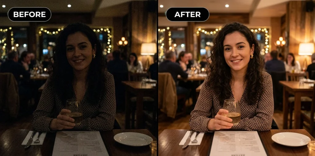 Before and after Gemini prompt brightening a dark, underexposed restaurant photo