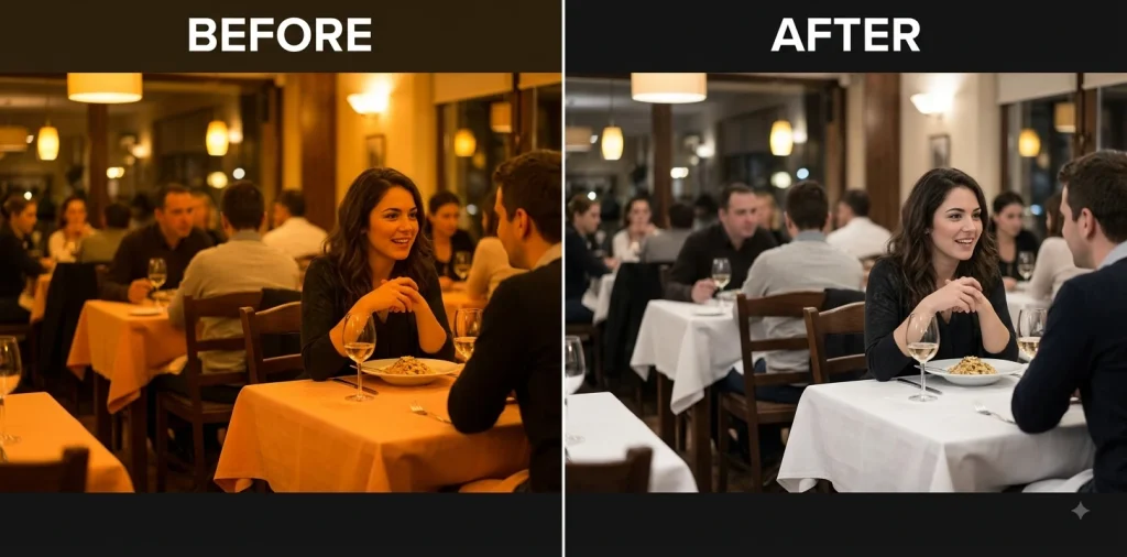 Before and after Gemini prompt fixing the color cast and white balance in a restaurant photo