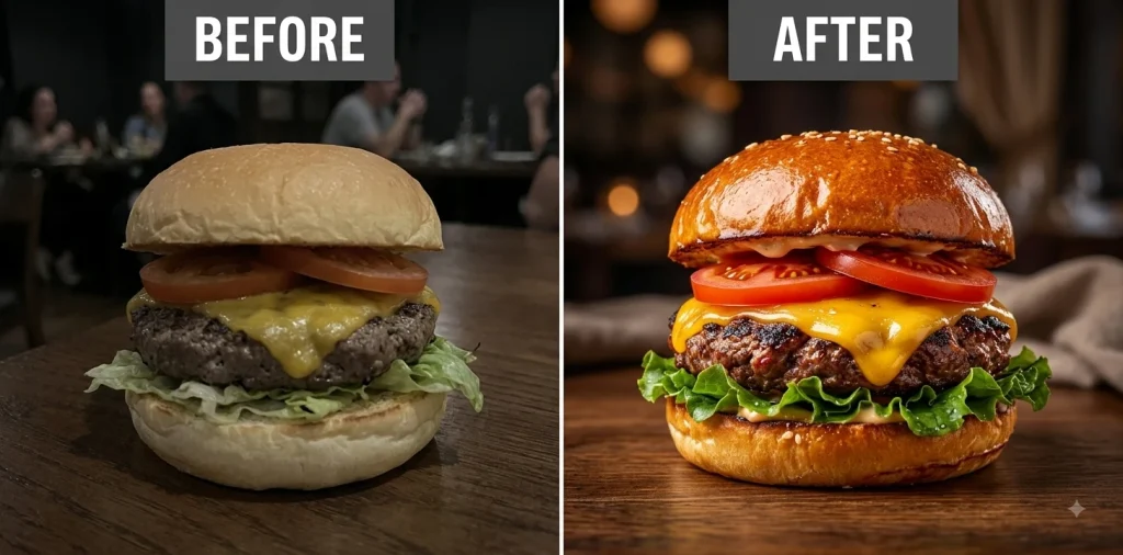 Before and after Gemini prompt enhancing a burger food photo for a more appetizing look
