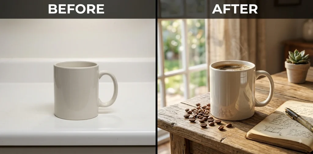 Before and after Gemini prompt placing a coffee mug product photo into a lifestyle table scene