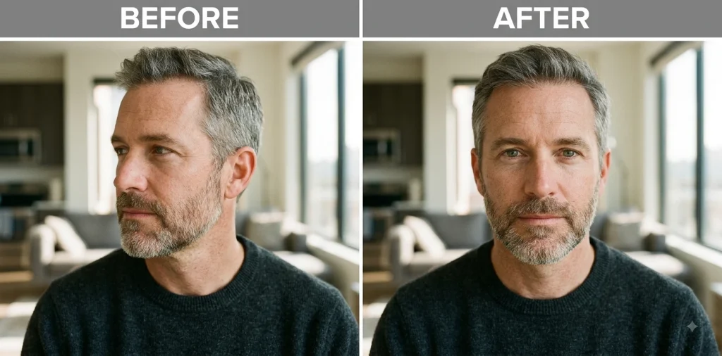 Before and after Gemini prompt adjusting a portrait subject to face the camera directly