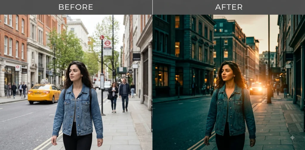 Before and after Gemini prompt applying a moody cinematic color grade to a street portrait photo