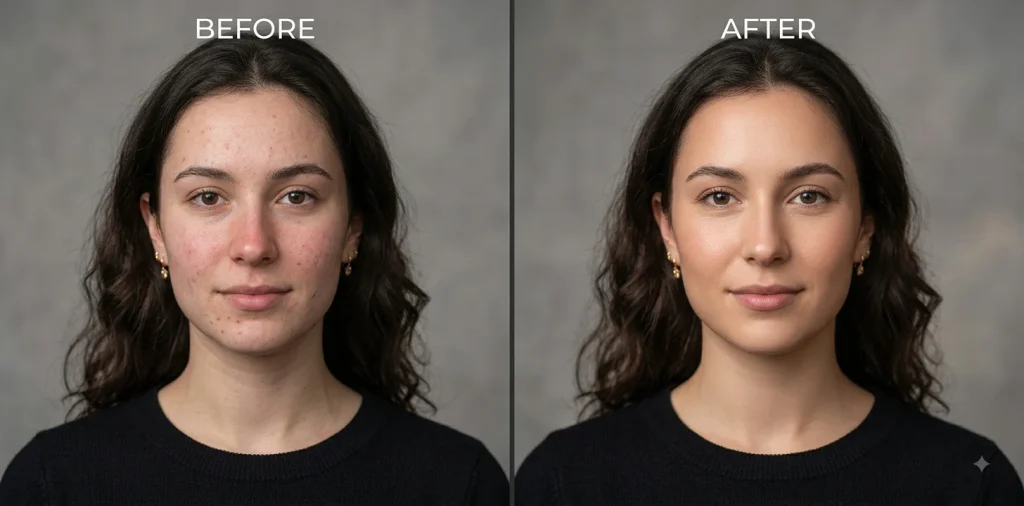 Before and after Gemini prompt naturally retouching acne and blemishes on a woman's skin