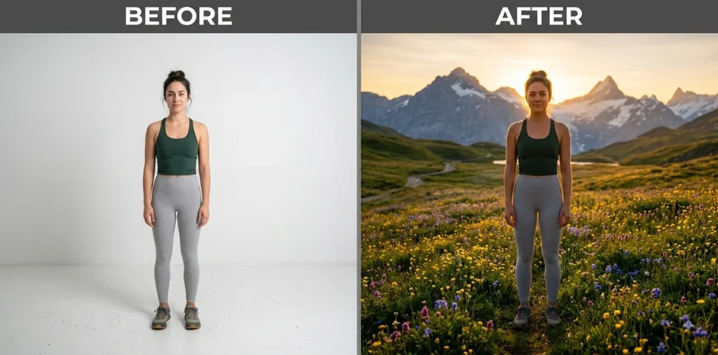 Before and after Gemini prompt replacing a studio backdrop with a mountain wildflower field
