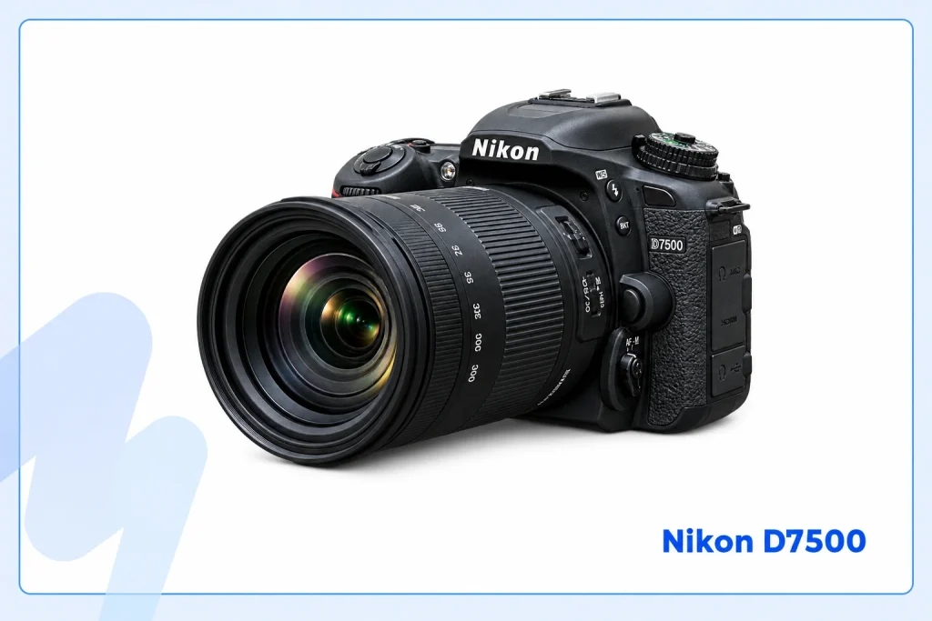 Nikon D7500 DSLR camera with telephoto lens for sports photography