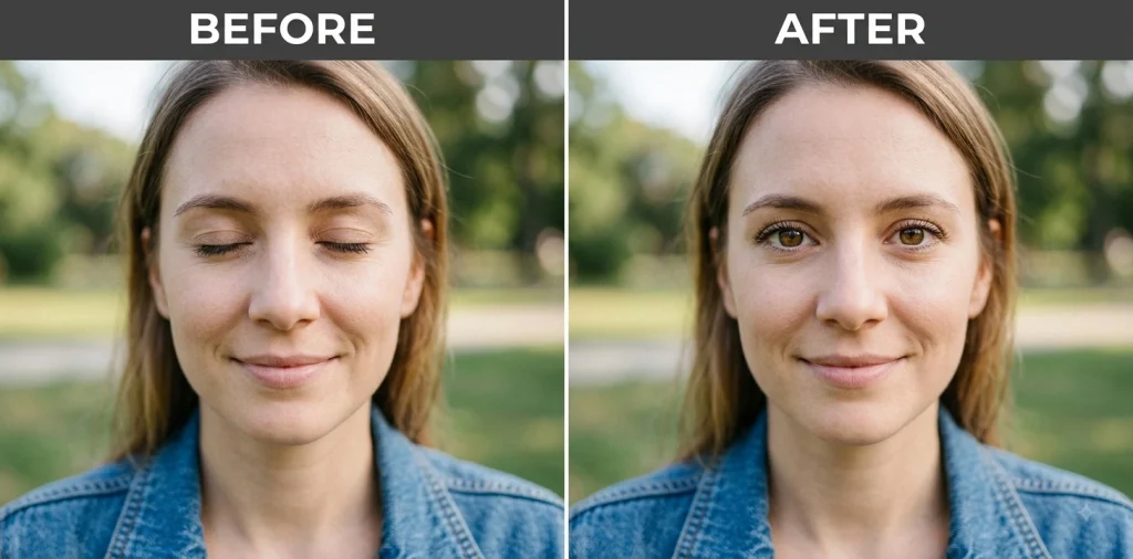Before and after Gemini prompt opening a subject's closed eyes naturally in a portrait photo