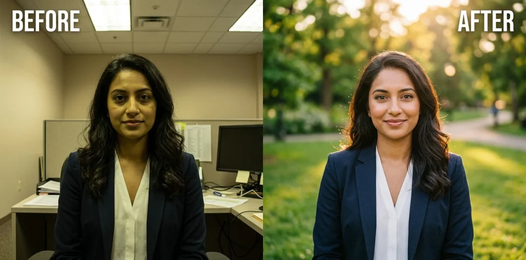 Before and after Gemini prompt creating an outdoor natural-light headshot from an office photo