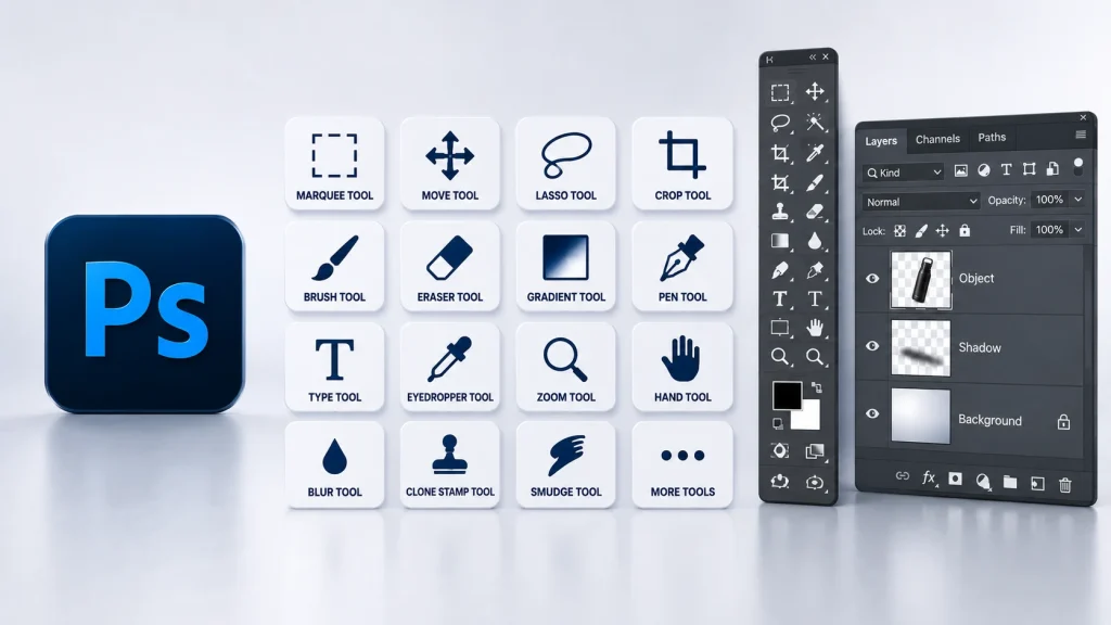 Photoshop toolbar and layers panel icons used to create realistic shadows, including blur, opacity, and blend tools.
