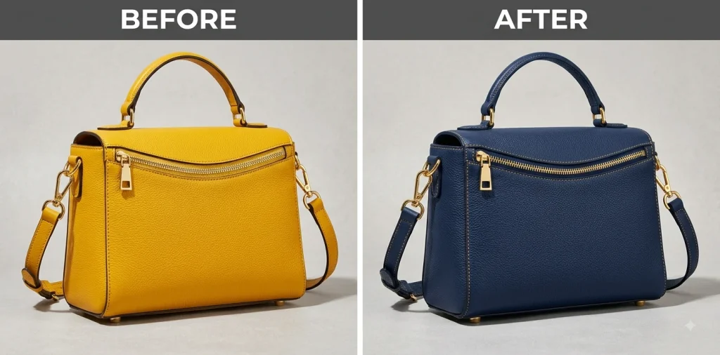 Before and after Gemini prompt changing a leather handbag color from yellow to navy blue