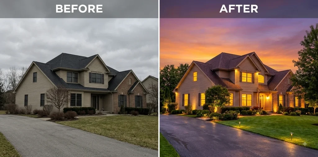 Before and after Gemini prompt converting a daytime house exterior into a dusk twilight photo