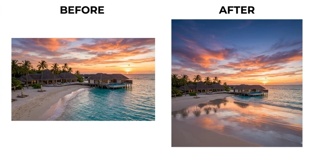 Before and after Gemini prompt reformatting a beach resort photo into a 9:16 vertical Stories format