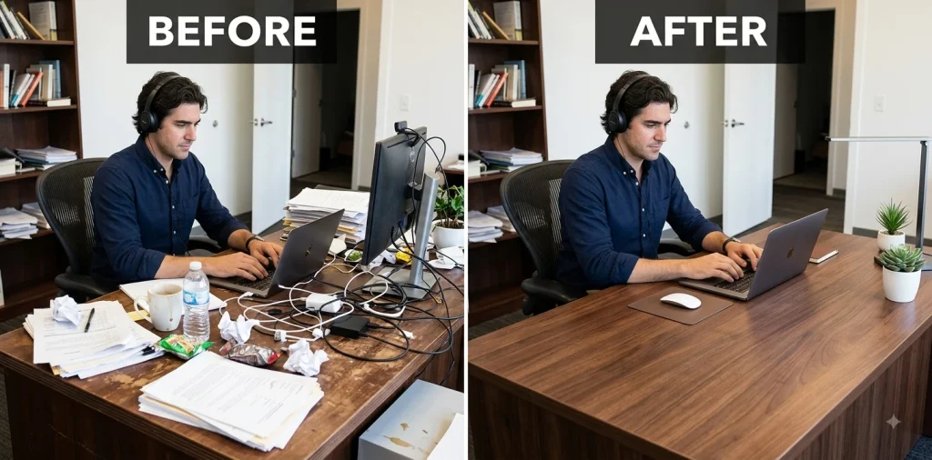 Before and after Gemini prompt cleaning up cluttered cables and papers on an office desk