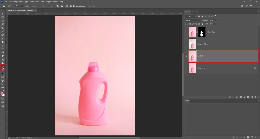 Pen Tool selected in Photoshop toolbar for manual background removal
