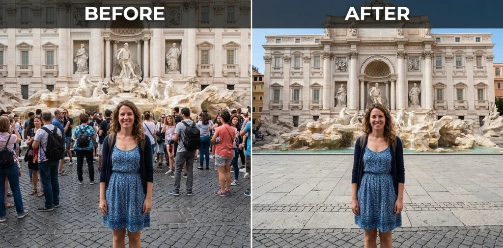Before and after Gemini prompt removing crowds of tourists from a fountain landmark photo