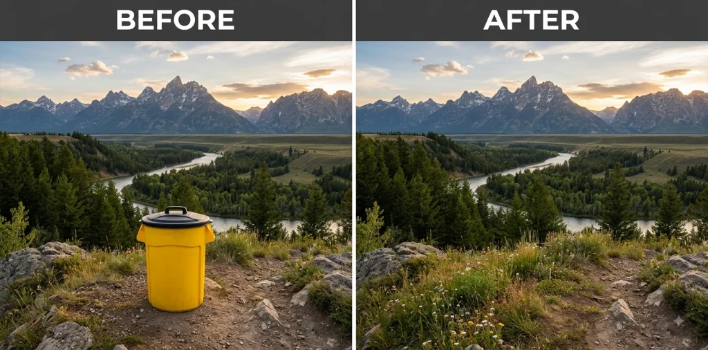 Before and after Gemini prompt removing a yellow trash can from a mountain landscape photo