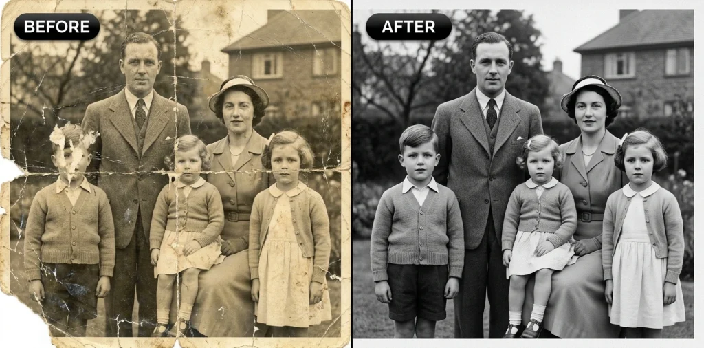 Before and after Gemini prompt restoring a torn, faded vintage family portrait photo