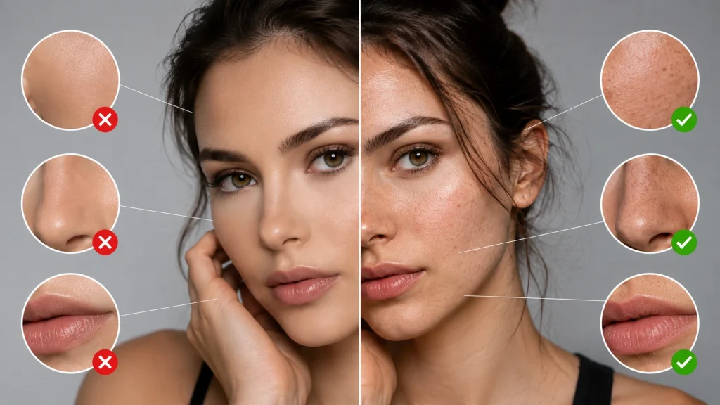 Before and after comparison showing over-smoothed skin versus natural retouched skin texture