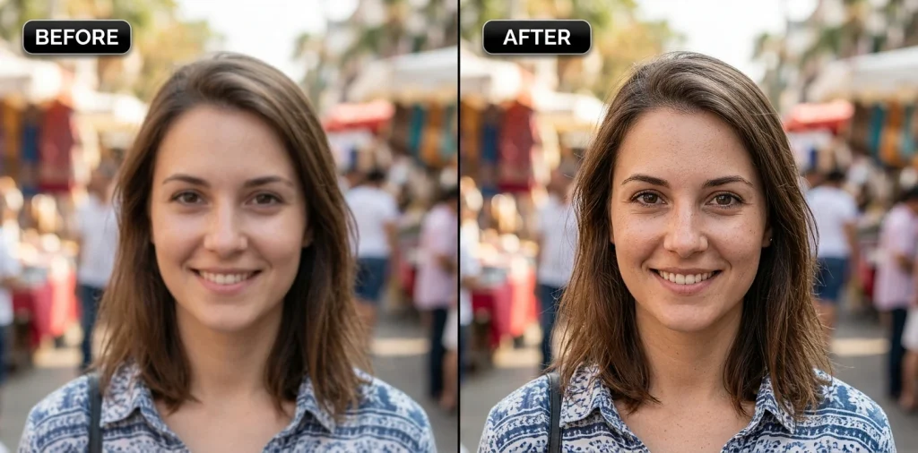 Before and after Gemini prompt sharpening a soft, out-of-focus street portrait photo