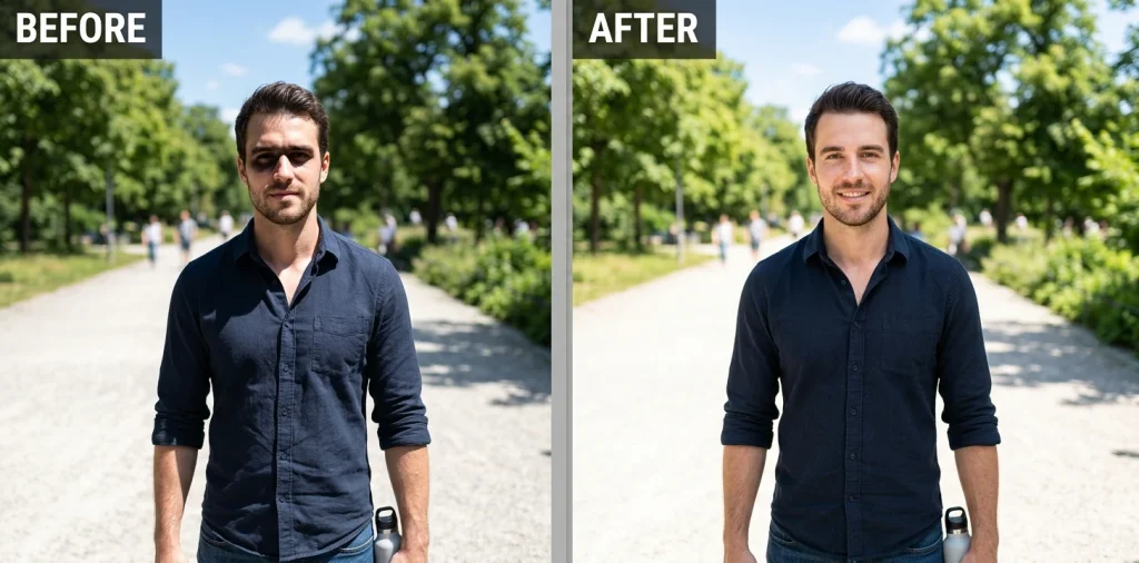Before and after Gemini prompt softening harsh midday shadows on a man's face