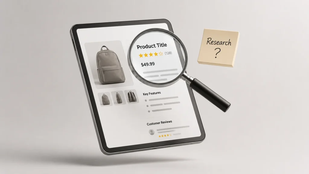 Magnifying glass examining a product listing before creating A+ Content