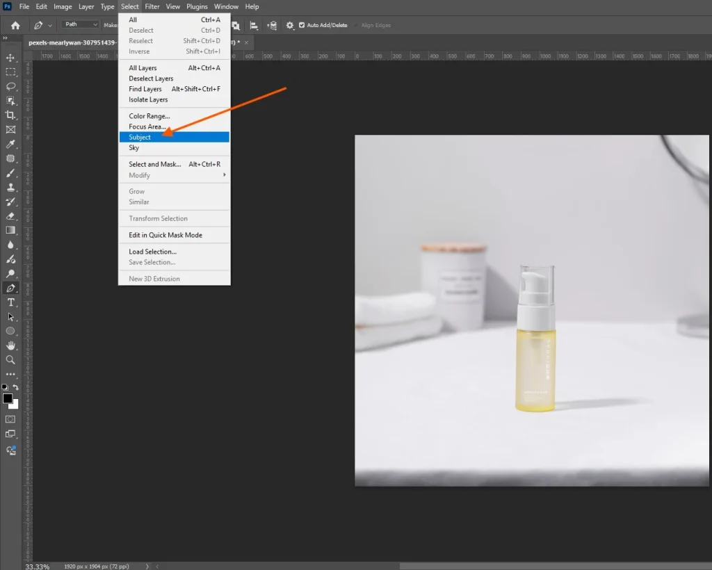 Photoshop Select Subject menu highlighted, used to isolate the object before creating a realistic shadow.