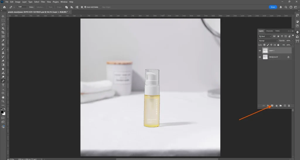 Screenshot showing Select and Mask refinement to isolate a product subject in Photoshop before adding realistic shadows.