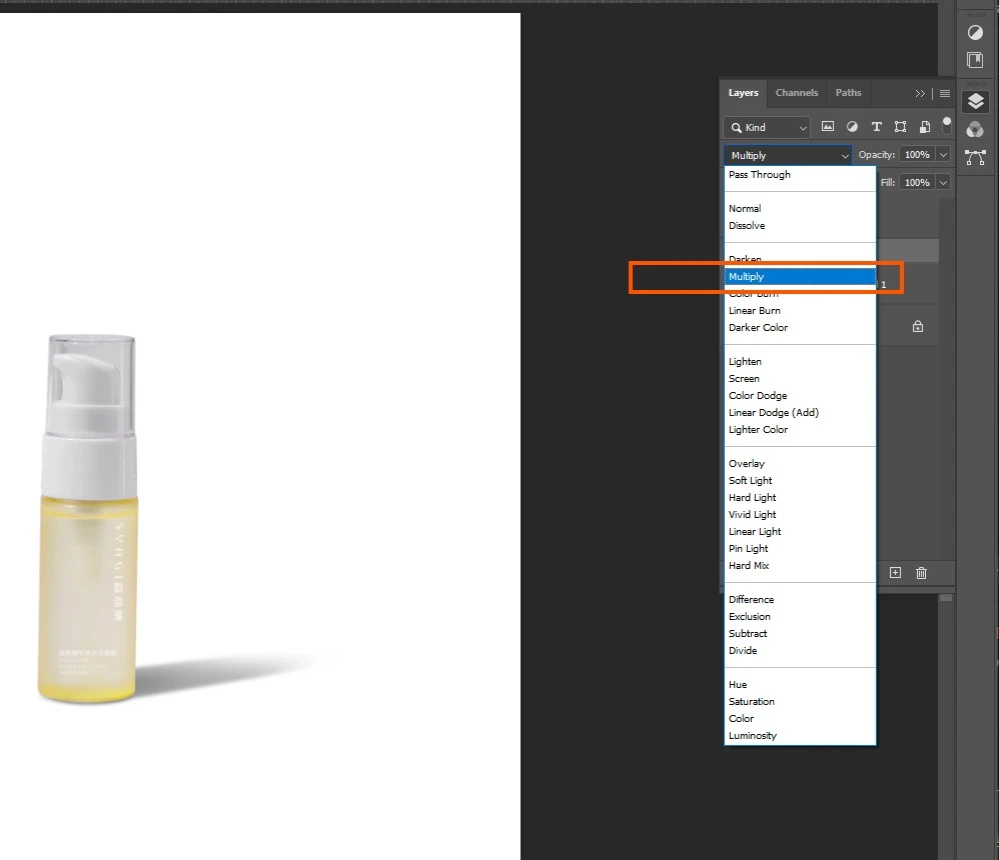Layer blend mode dropdown set to Multiply in Photoshop to blend a realistic shadow with the background.