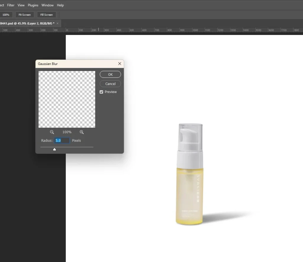 Gaussian Blur dialog box with radius set to 5 pixels to soften shadow edges in Photoshop.