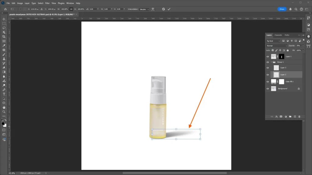 Photoshop canvas view showing shadow opacity reduced to 70 percent for a more realistic effect.