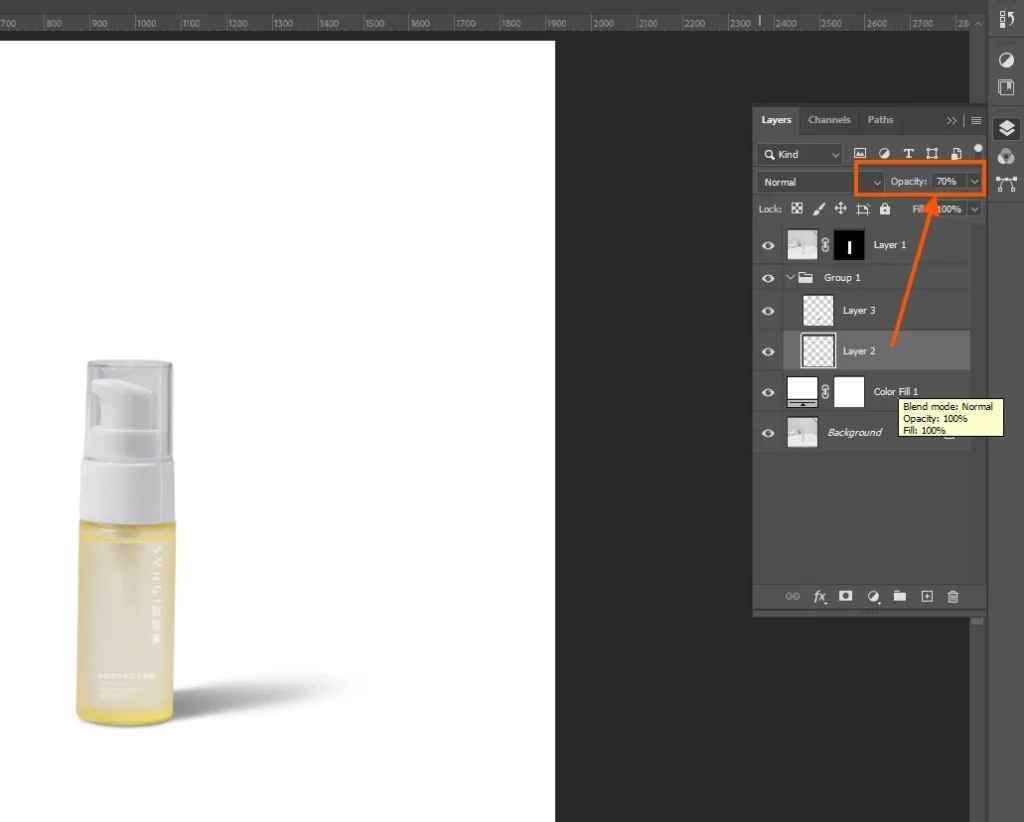 Zoomed-in Layers panel highlighting the opacity slider set to 70 percent for a realistic shadow.