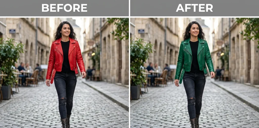 Before and after Gemini prompt changing a leather jacket color from red to green