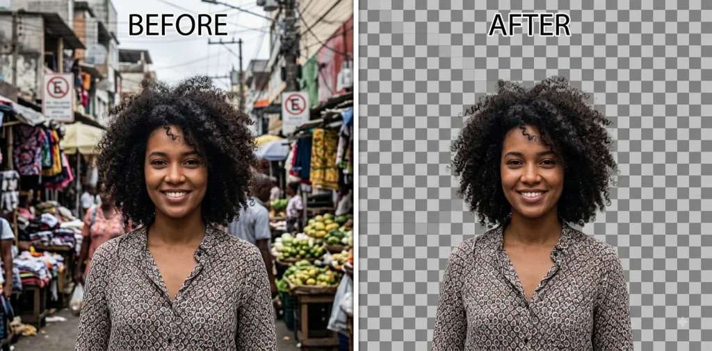 Before and after Gemini prompt cutting out a portrait subject onto a transparent background