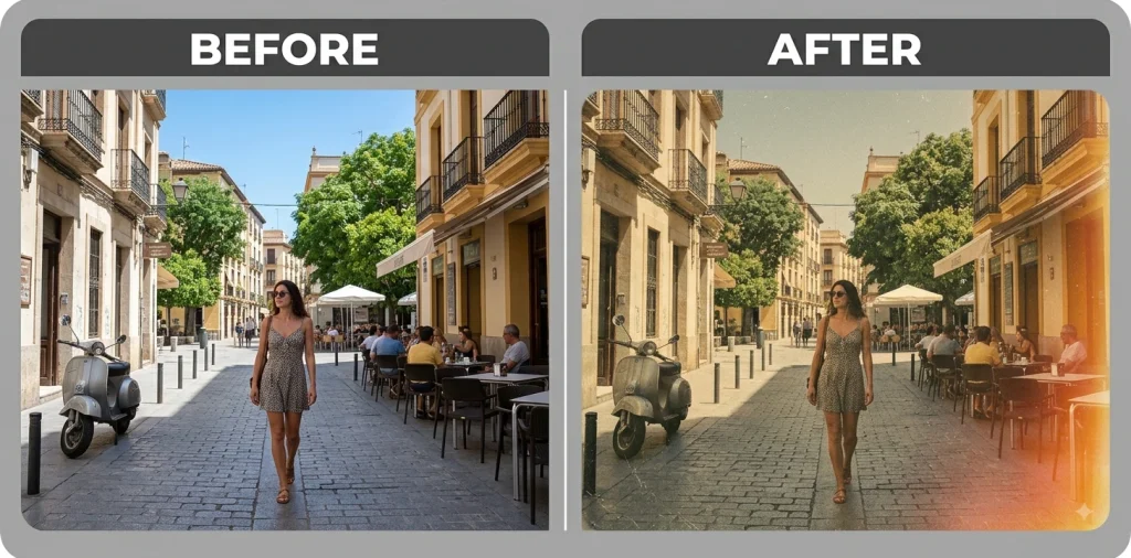 Before and after Gemini prompt applying a vintage film look to a street travel photo