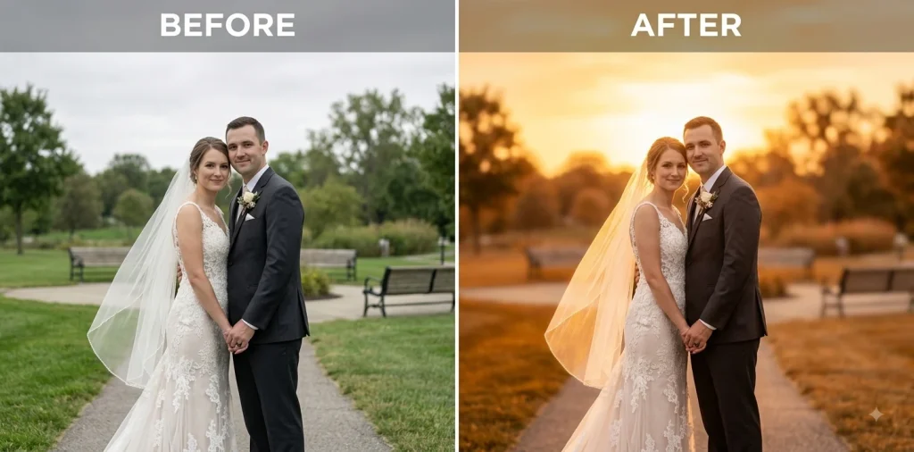 Before and after Gemini prompt turning a wedding couple photo into a golden-hour portrait