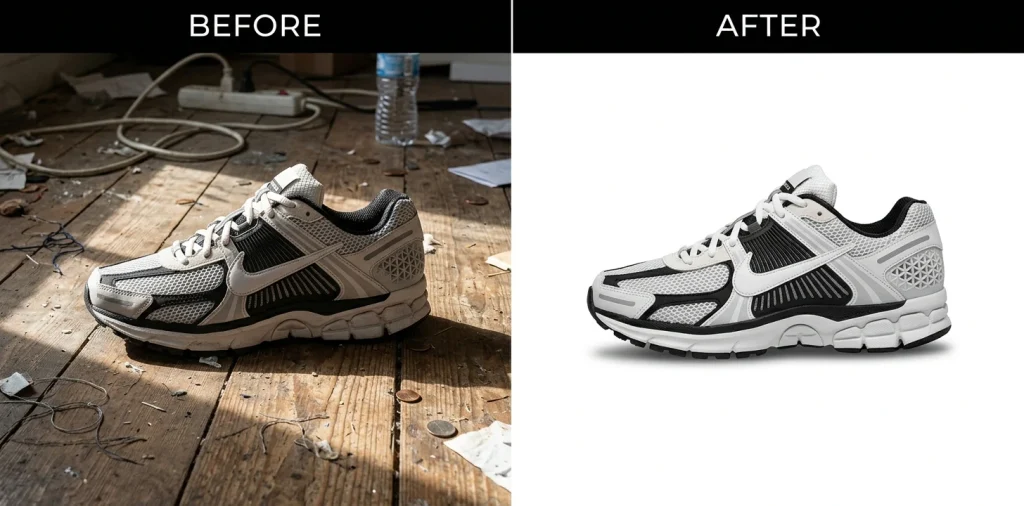 Before and after Gemini prompt editing a sneaker photo onto a clean white ecommerce background
