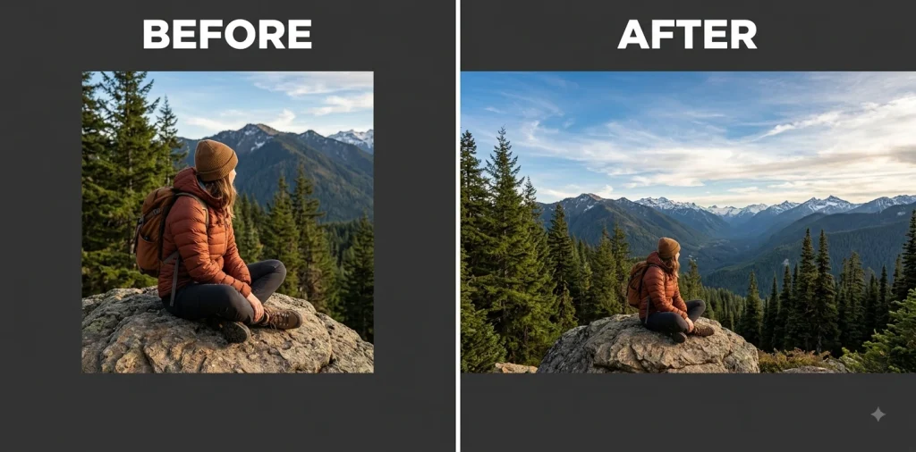 Before and after Gemini prompt widening a hiking portrait photo into a cinematic 16:9 format