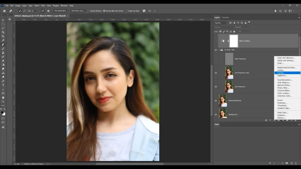 Photoshop adjustment layer menu with Curves selected during portrait Frequency Separation editing.